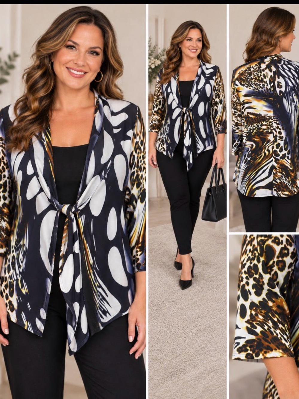 Frank Lyman Tie Front Cardigan Animal Abstract Print 3/4 Sleeve Size 10